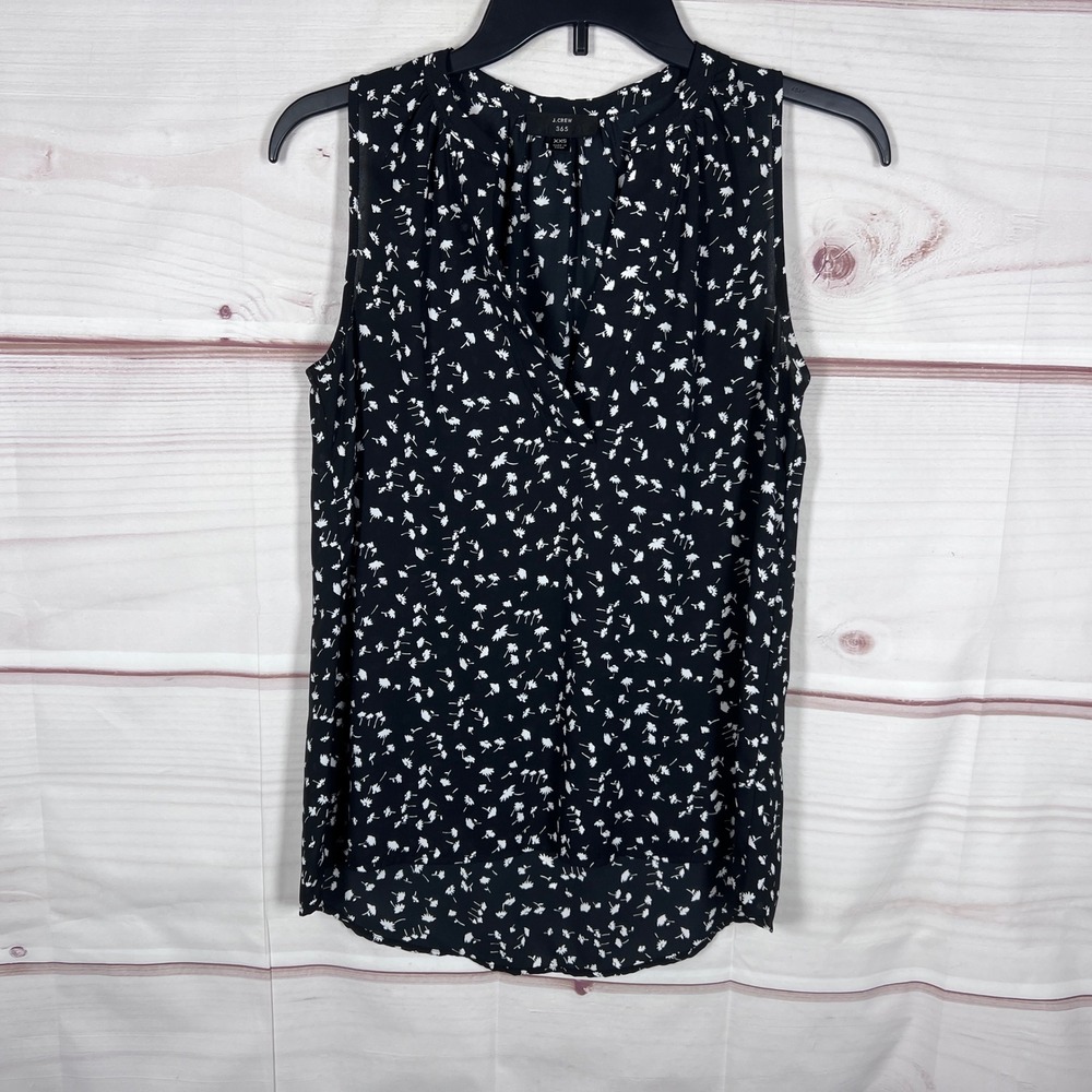 J.Crew Sleeveless Blouse Womens XXS Black Floral V-Neck Pleated Shell Top Office